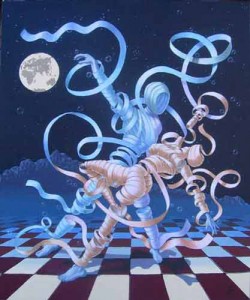 ballerini di tango fatti di nastri, sullo sfondo notte blu e pavimento a scacchi